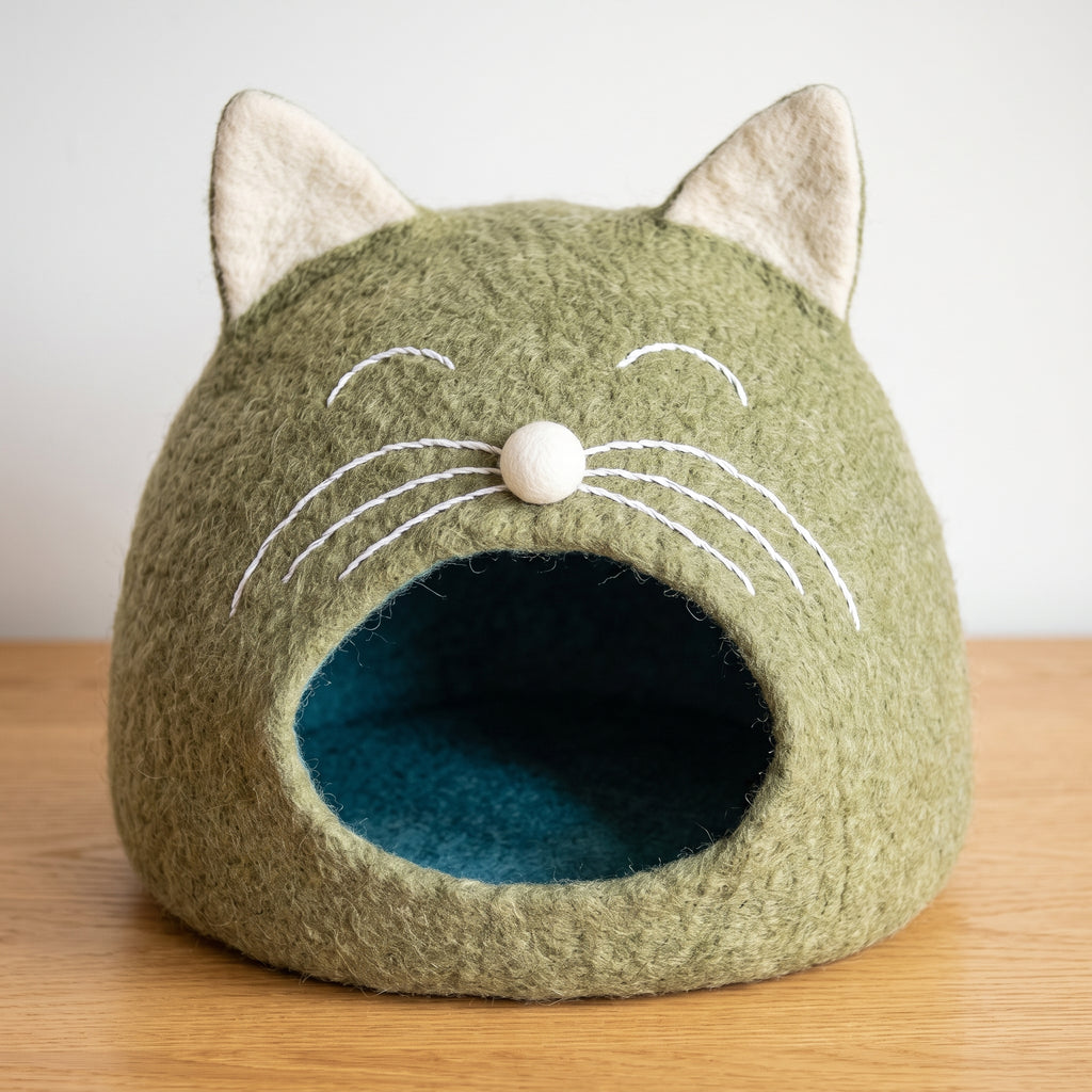 Wool Felt Cat Cave Cat shape - Handmade Pet Bed