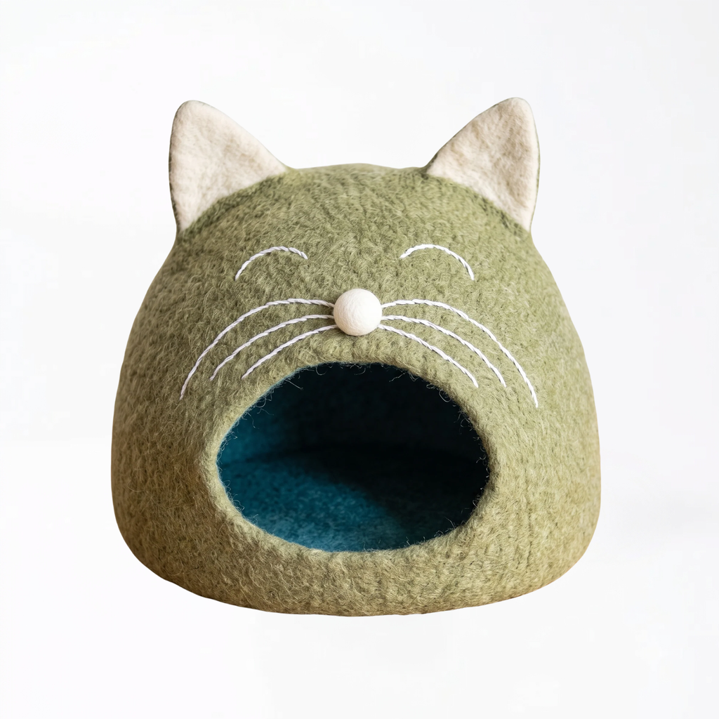 Wool Felt Cat Cave Cat shape - Handmade Pet Bed