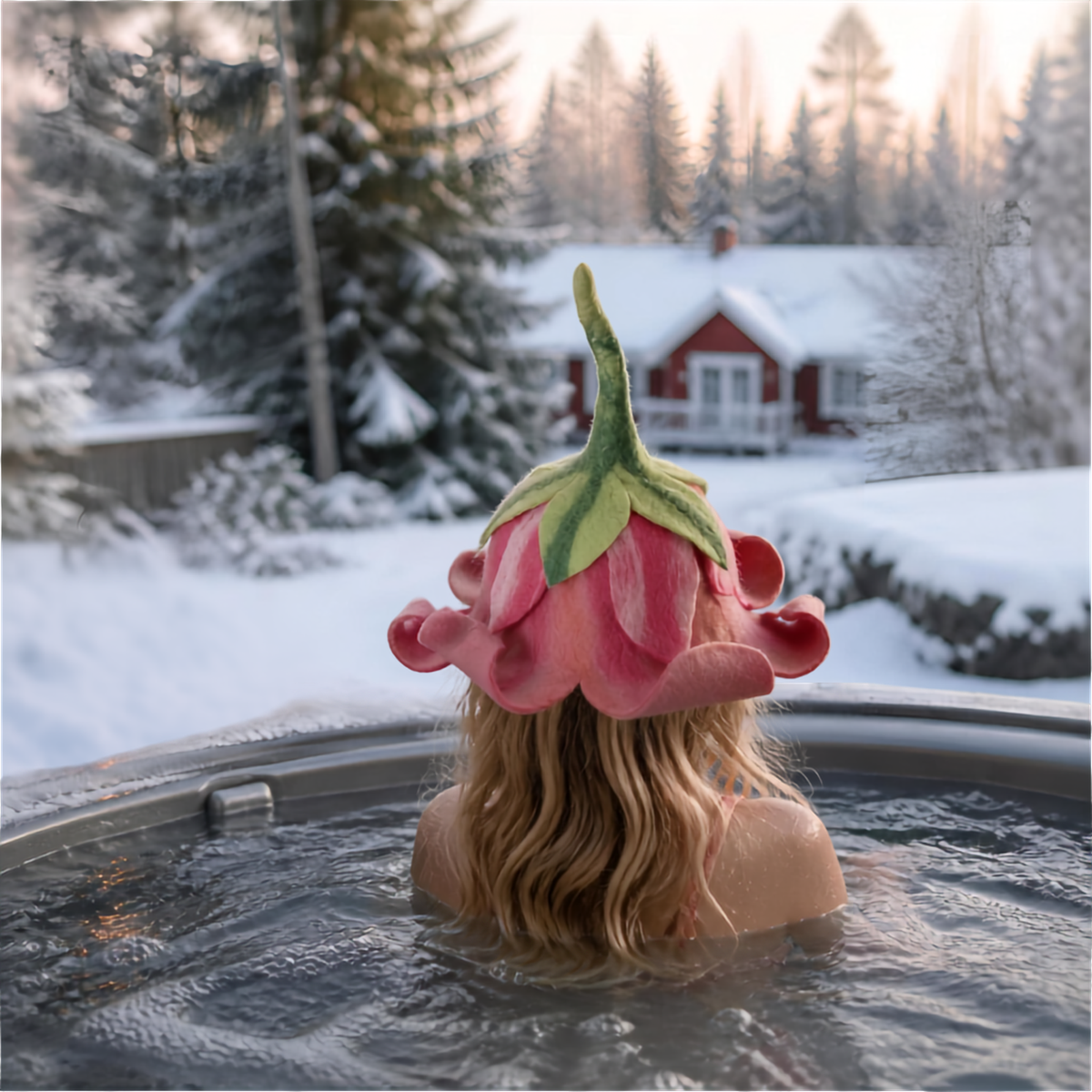 Girl wearing pink flower-shaped wool felt sauna hat in an outdoor hot tub, Finnish winter scene.