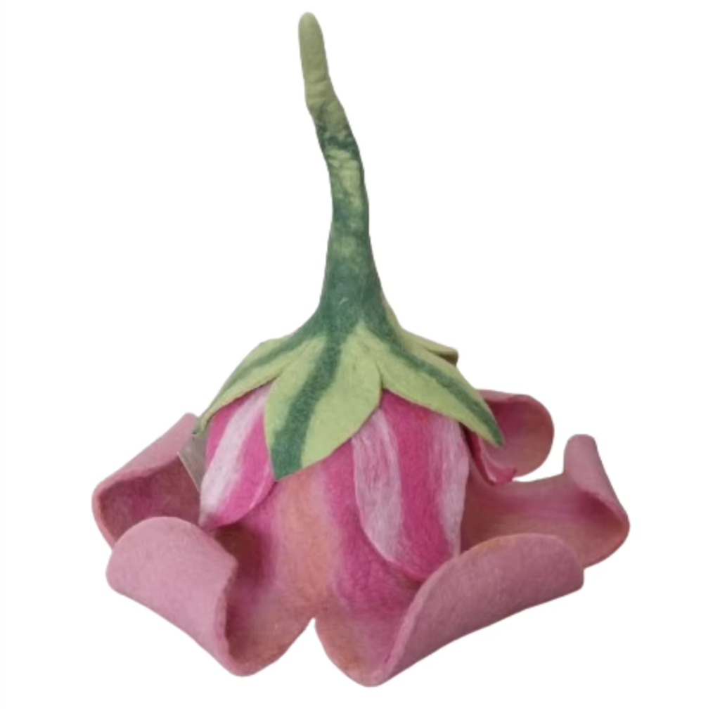Handmade pink and green wool felt sauna hat for girls, flower design