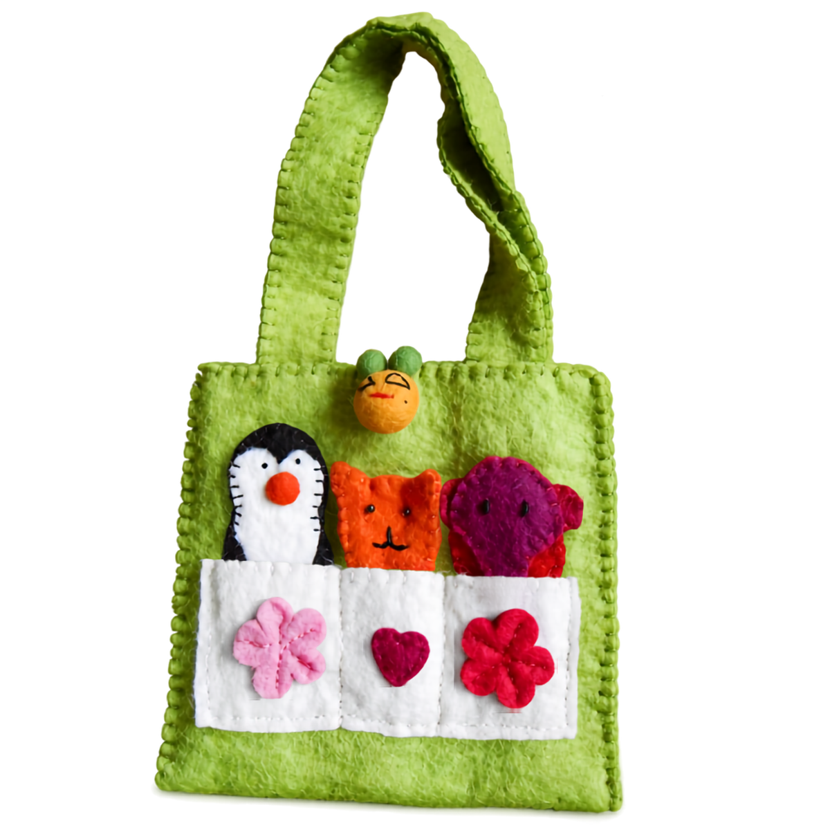 Green wool felt shoulder bag for kids with penguin, cat, and flower appliqué, handmade in Finland.
