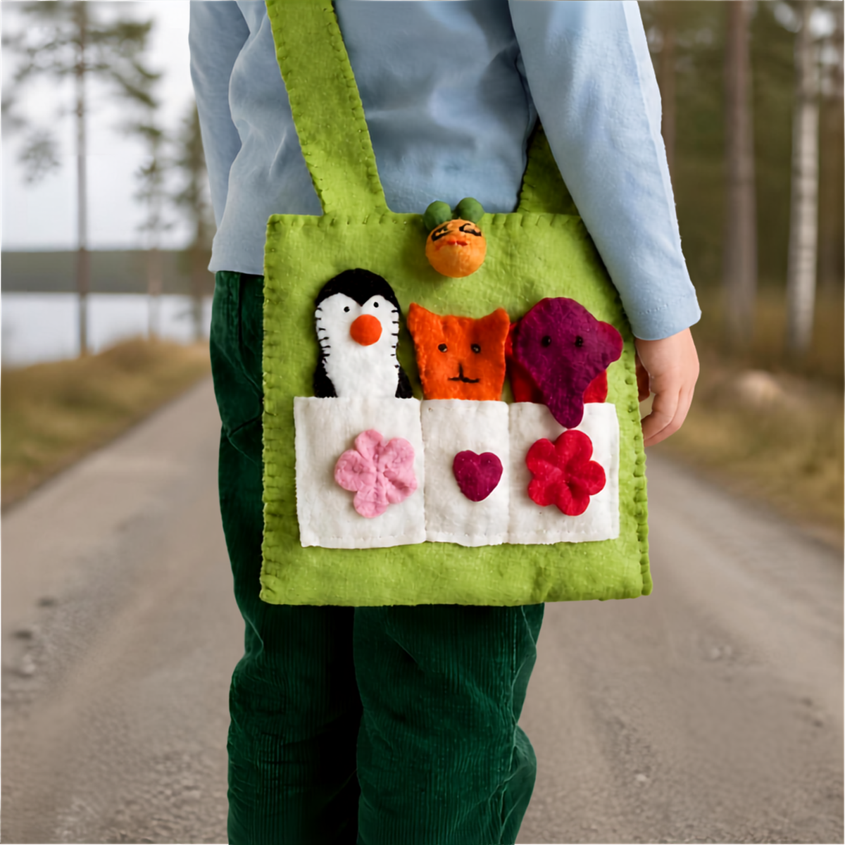 A child carries a bright green felt tote bag on their shoulder. The felt kids bag features a penguin, two cats, a purple fish, and three flower pockets.