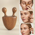 A wooden facial massage tool with two rounded handles and a rounded base, shown alongside three inset photos of a woman using the tool on her face. The brand name Gemini appears at the bottom right.