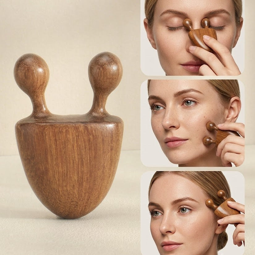 A wooden facial massage tool with two rounded handles and a rounded base, shown alongside three inset photos of a woman using the tool on her face. The brand name Gemini appears at the bottom right.